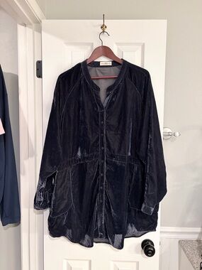 Natural Life Velvet Tunic Top Blue Oversized Boho Button Front XL